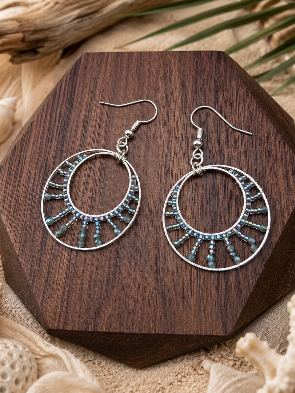Silver Hoop Earrings with Iridescent Blue-Green Beads